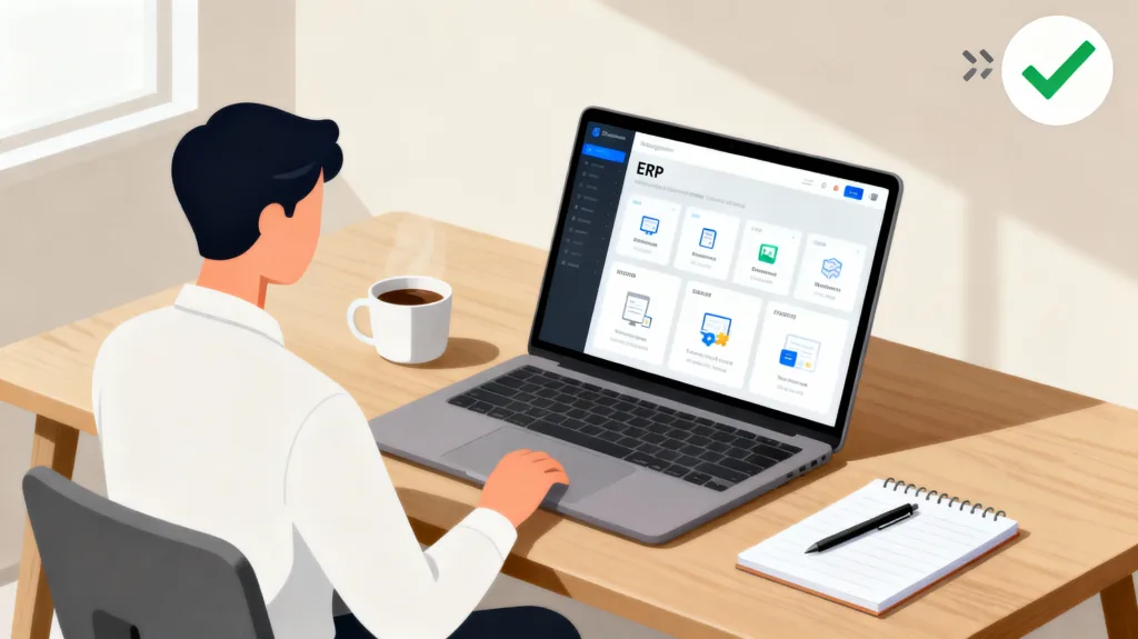 Business team reviewing ERP analytics dashboard displaying real-time data insights for informed decision-making and reporting