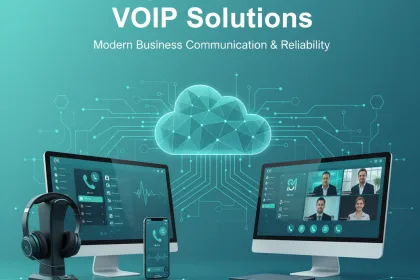 VoIP softphone solutions dashboard displaying team communication interface, call management screens, and cloud calling infrastructure with connection nodes