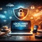 Futuristic workspace illustrating decentralized and privacy-focused local-first software architecture