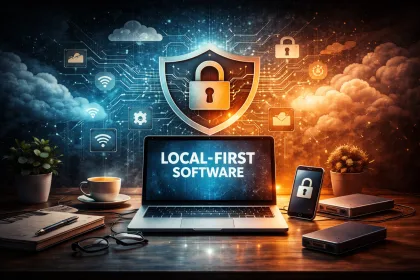 Futuristic workspace illustrating decentralized and privacy-focused local-first software architecture