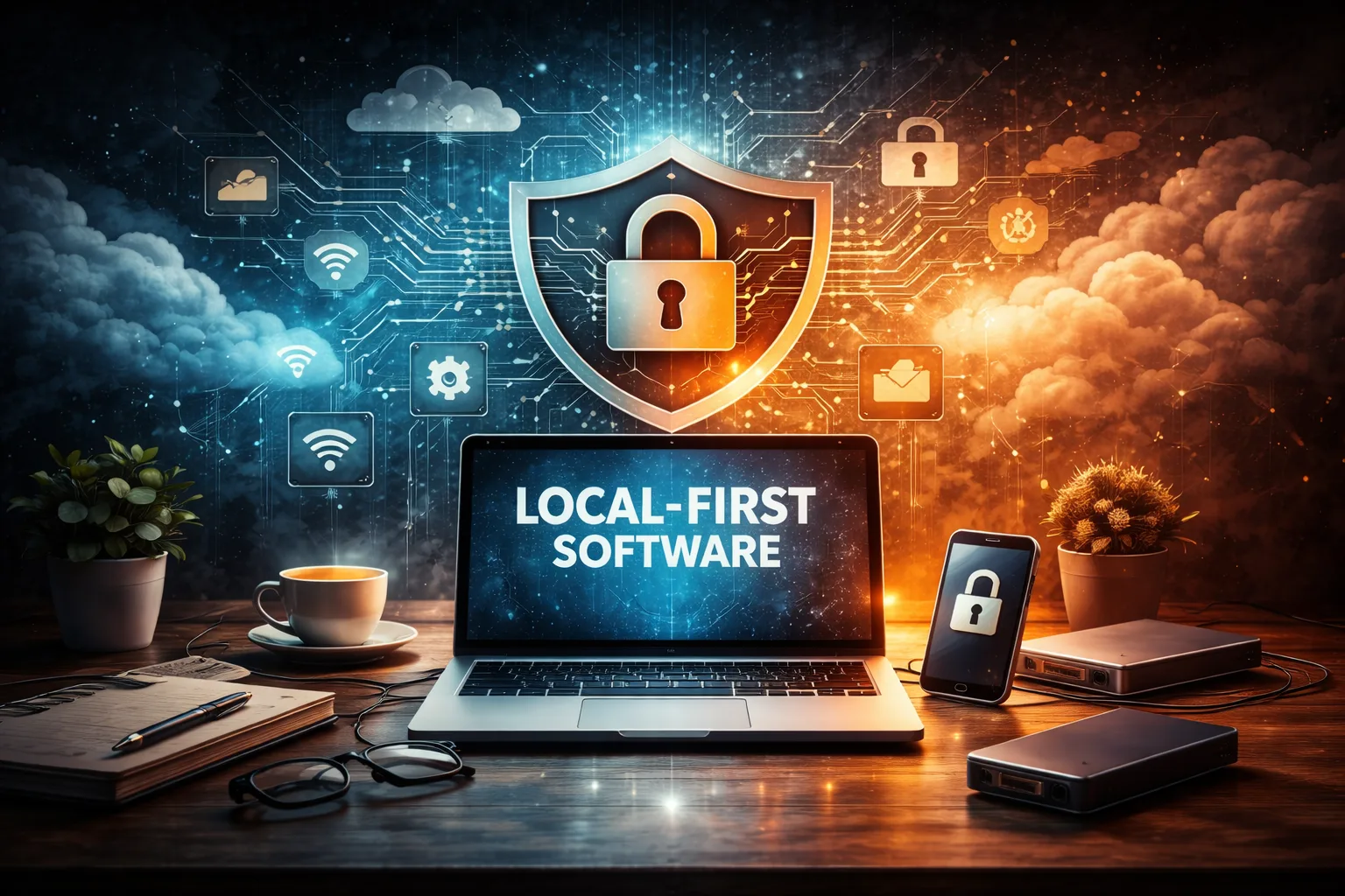 Futuristic workspace illustrating decentralized and privacy-focused local-first software architecture
