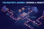Surreal digital forest illustration representing the hidden internet traffic journey through a router, featuring glowing blue data streams and binary code paths connecting portal gateways.