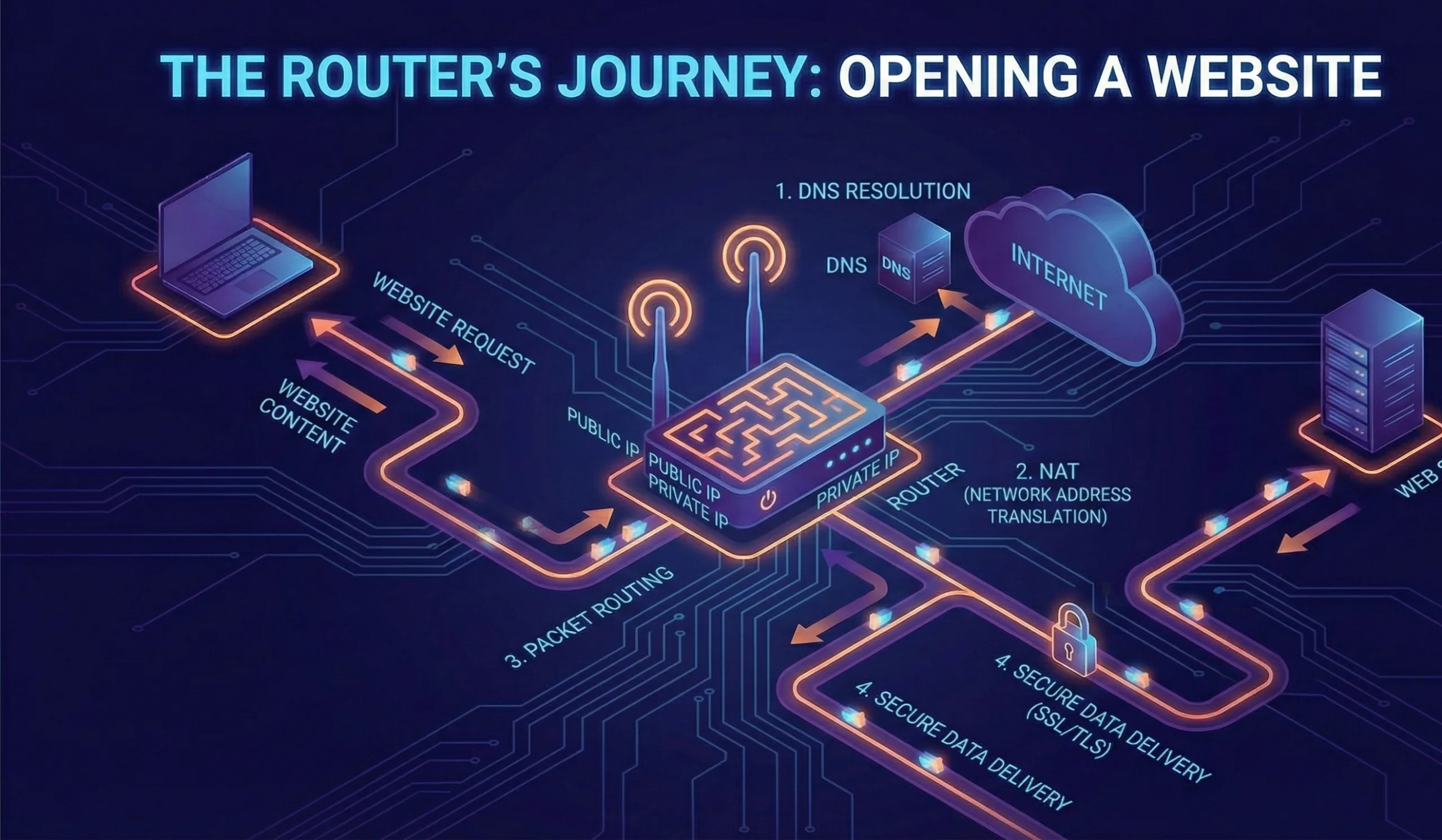 Surreal digital forest illustration representing the hidden internet traffic journey through a router, featuring glowing blue data streams and binary code paths connecting portal gateways.