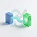 Server migration diagram showing data transfer between old and new VPS with flowing cyan connection