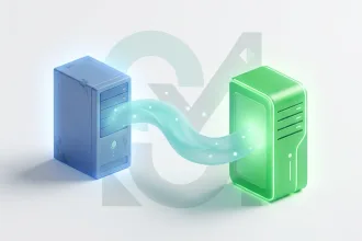 Server migration diagram showing data transfer between old and new VPS with flowing cyan connection