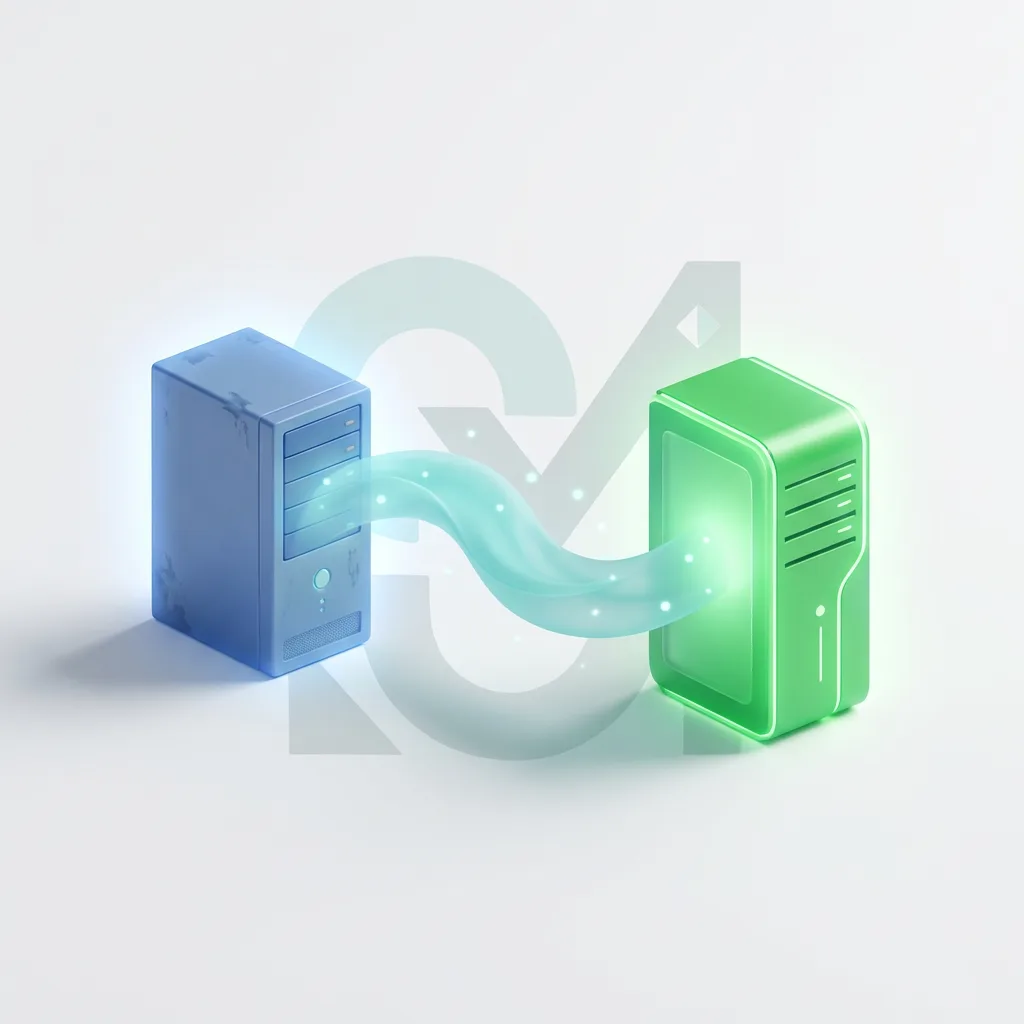 Server migration diagram showing data transfer between old and new VPS with flowing cyan connection