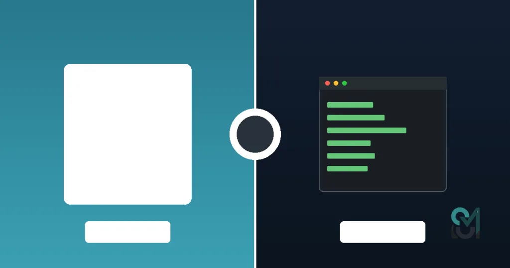 Split-screen comparison graphic showing control panel GUI interface versus command line terminal, illustrating the difference between managed and unmanaged VPS hosting approaches