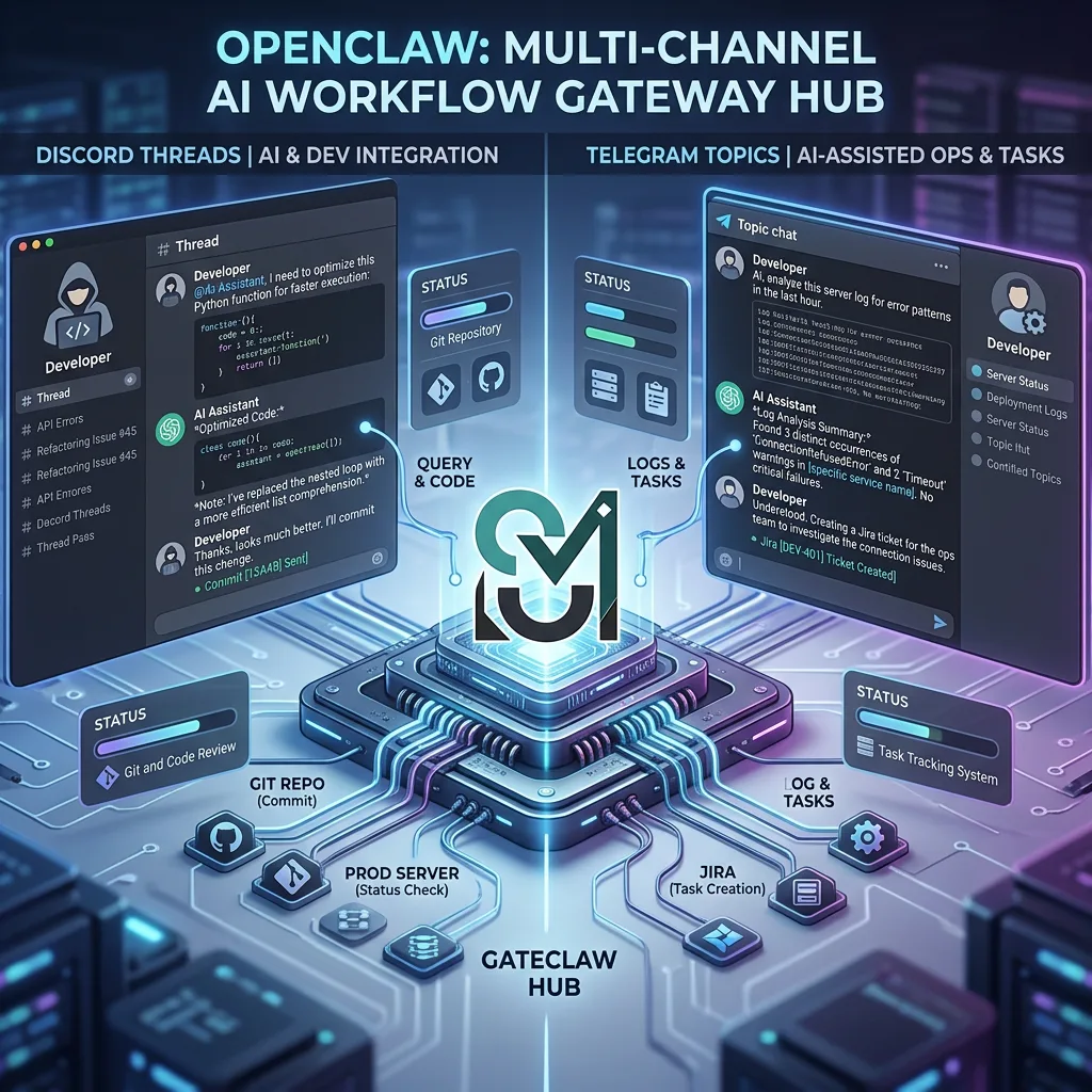 OpenClaw workflow connecting Discord threads and Telegram topics through one AI gateway