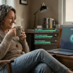 Une personne se détend avec une tasse de café pendant qu'un assistant IA travaille sur un ordinateur, avec des barres de progression pour des tâches telles que “Boîte de réception 0”, “Calendrier programmé” et “Code déployé”.”