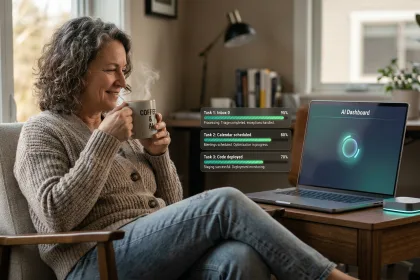 Eine Person, die sich bei einer Tasse Kaffee entspannt, während ein KI-Assistent an einem Computer arbeitet, mit Fortschrittsbalken für Aufgaben wie “Posteingang 0”, “Kalender geplant” und “Code bereitgestellt”.”