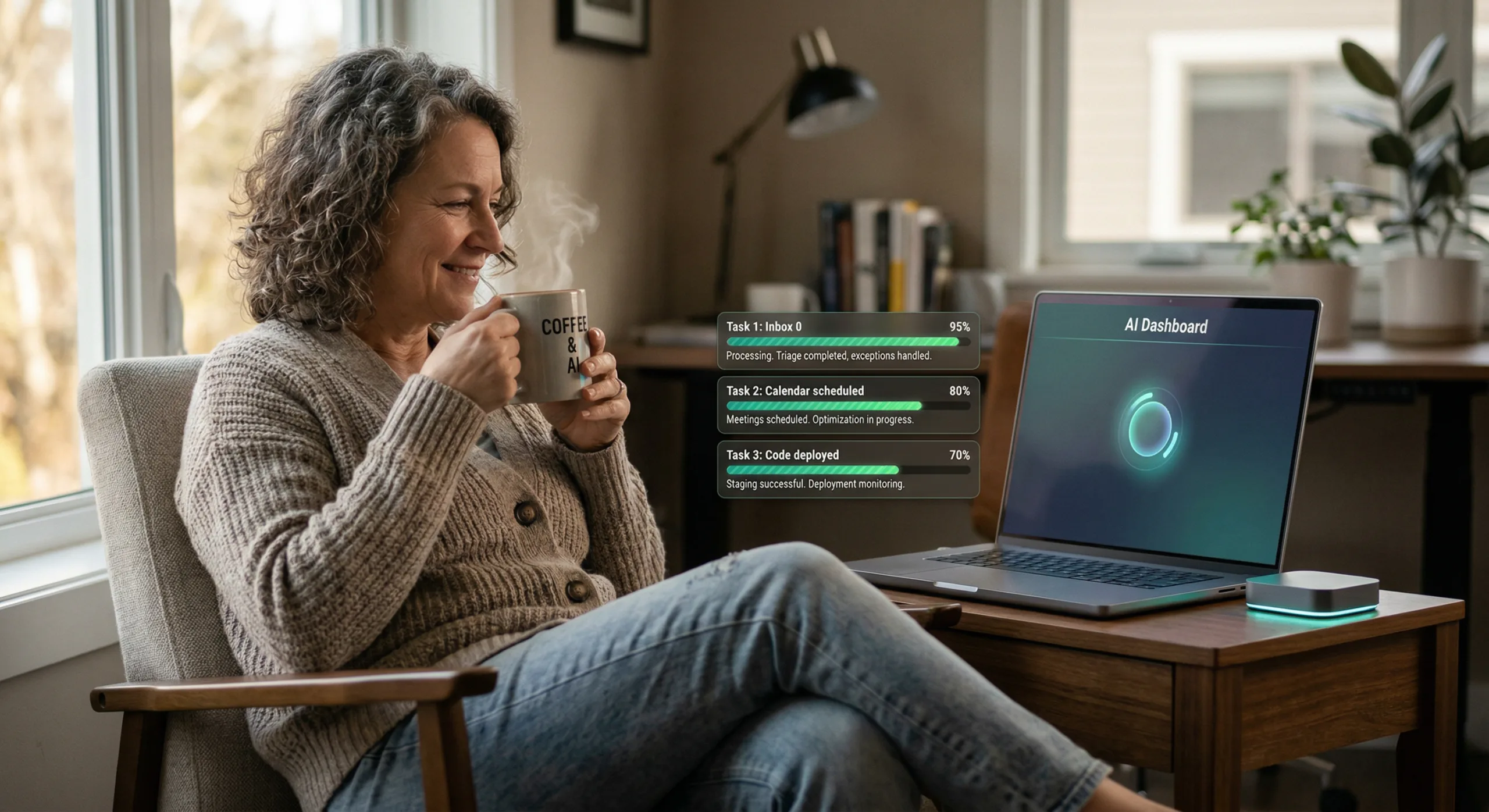 Eine Person, die sich bei einer Tasse Kaffee entspannt, während ein KI-Assistent an einem Computer arbeitet, mit Fortschrittsbalken für Aufgaben wie “Posteingang 0”, “Kalender geplant” und “Code bereitgestellt”.”