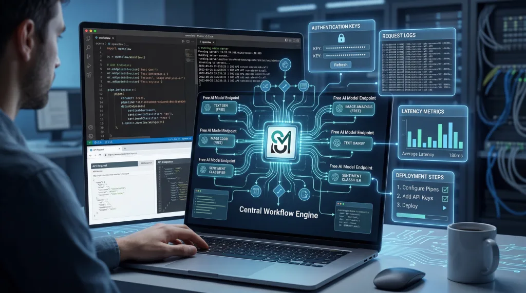 Developer integrating OpenClaw with multiple free AI APIs on a coding workstation