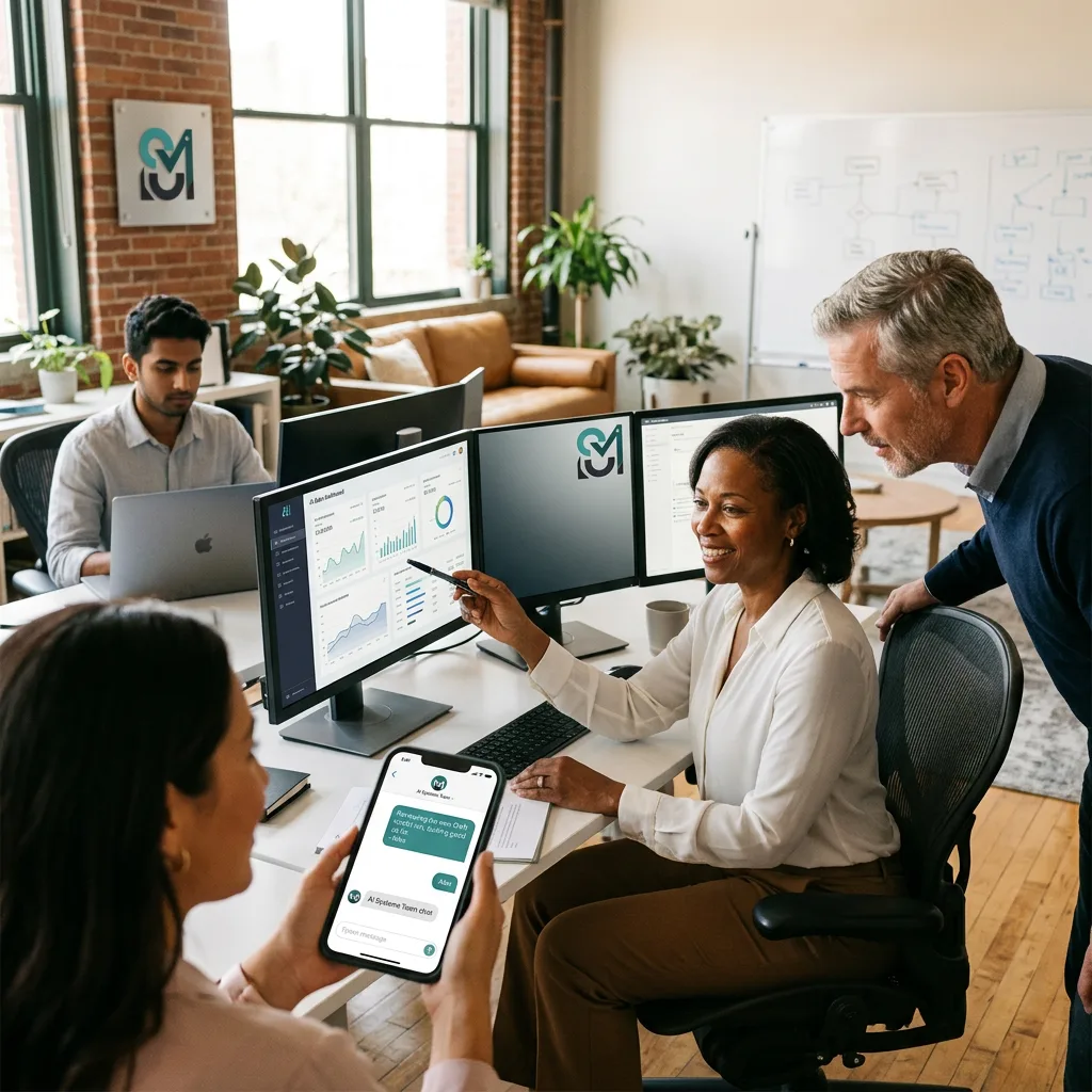 team using AI tools for business operations, analytics dashboards, and workflow automation