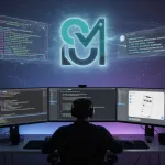 Developer vibe coding with AI assistance from MiniMax M3 and Kimi K2.7 Code on multiple monitors
