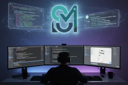 Developer vibe coding with AI assistance from MiniMax M3 and Kimi K2.7 Code on multiple monitors