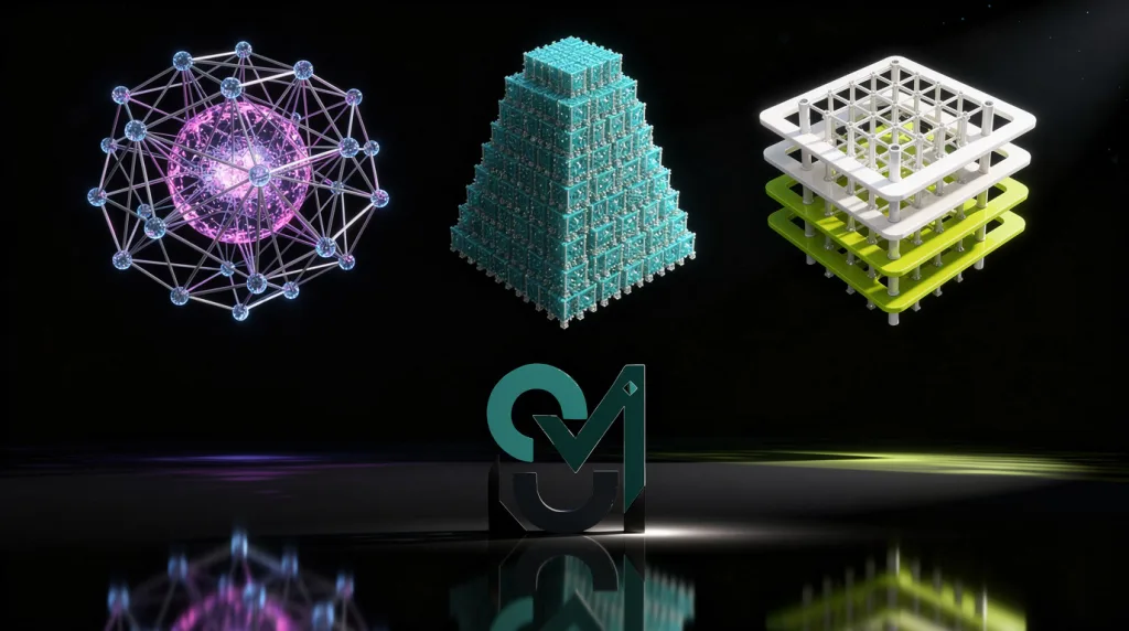 Los modelos de IA MiniMax M3, Kimi K2.7 Code y Nemotron 3 Ultra se muestran como esferas de datos holográficas luminosas