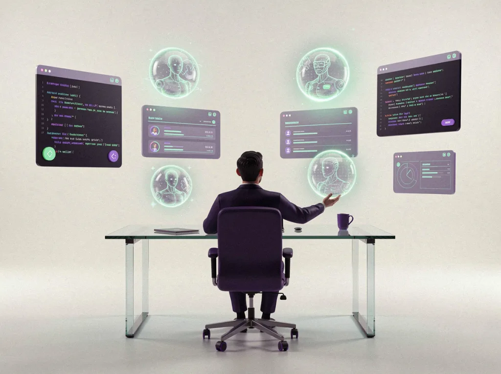 Fundador dirigiendo a unos agentes de IA luminosos que crean software, ilustrando la programación intuitiva en 2026