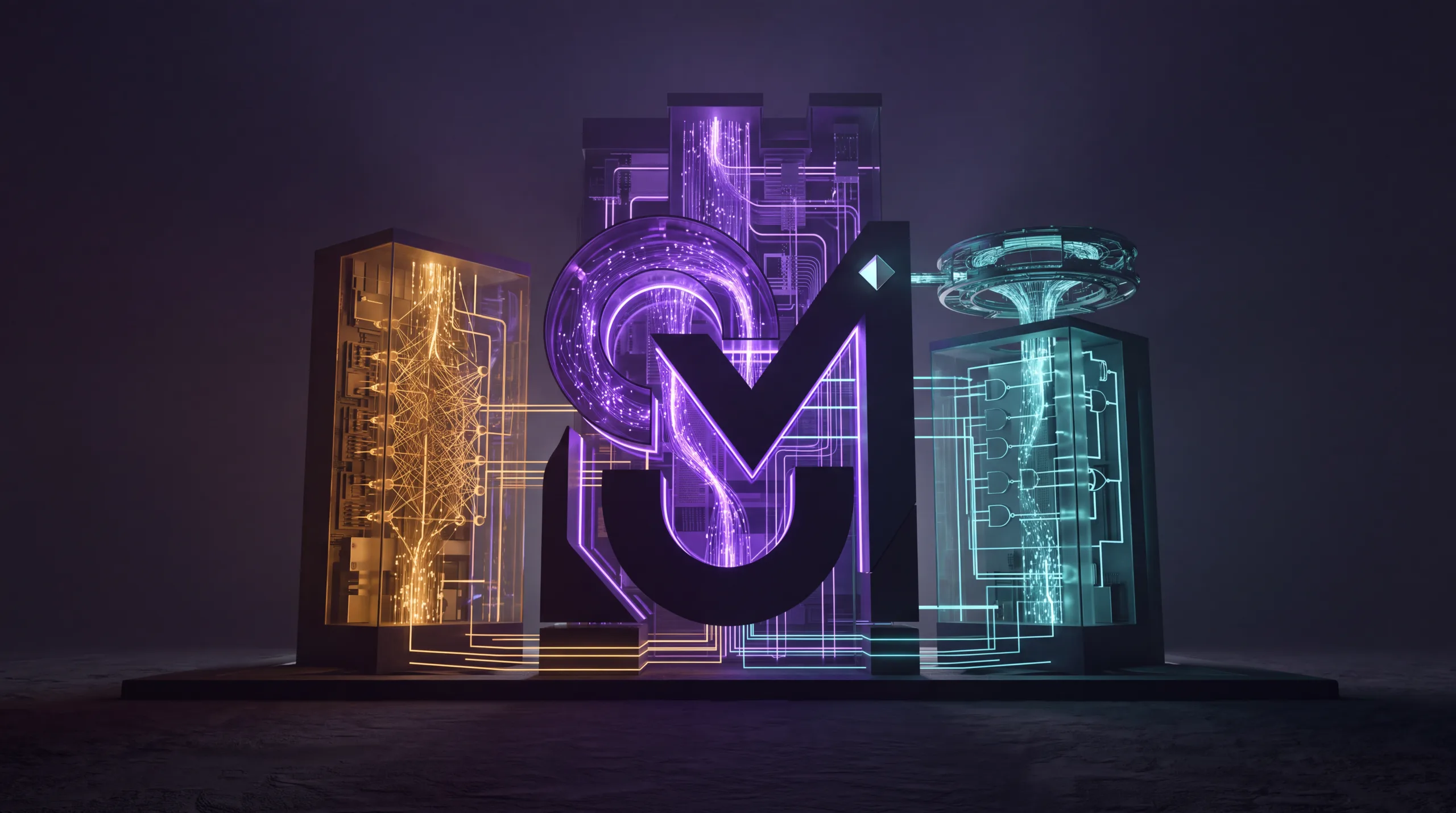 Three glowing monoliths representing Kimi K3, Qwen3.8-Max and GLM-5.2 open-weight AI models compared side by side