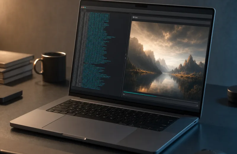 MacBook Pro M5 Pro running a local language model and image generator side by side on screen