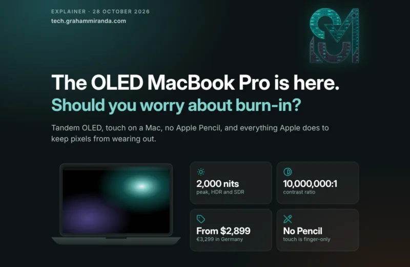 OLED MacBook Pro explained: title card with 2,000-nit peak brightness, 10,000,000:1 contrast, a $2,899 and €3,299 start and no Apple Pencil